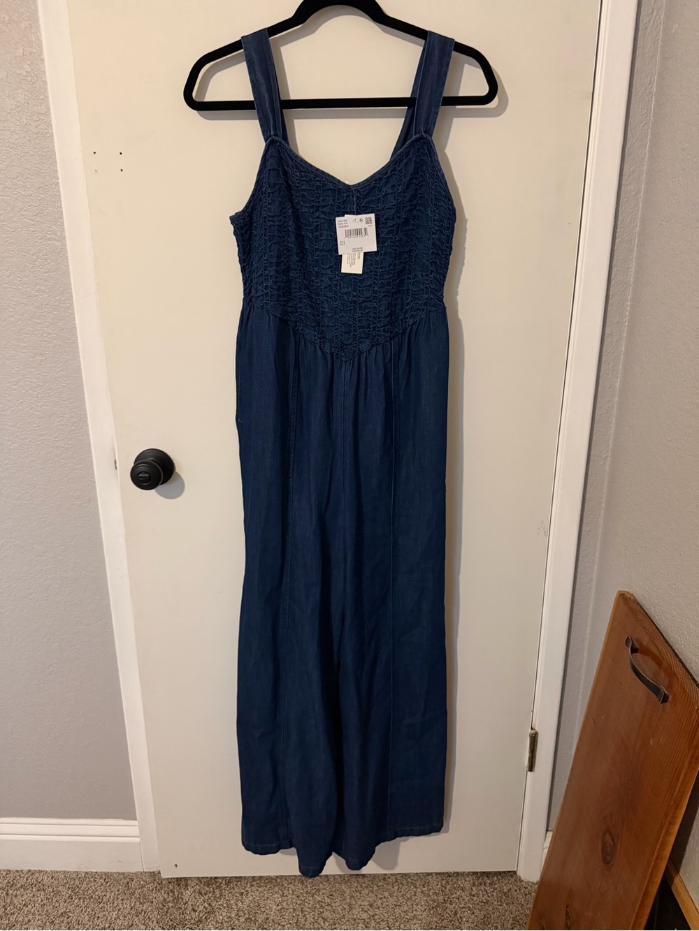 Jean Maxi Jumpsuit with Smocked Bodice